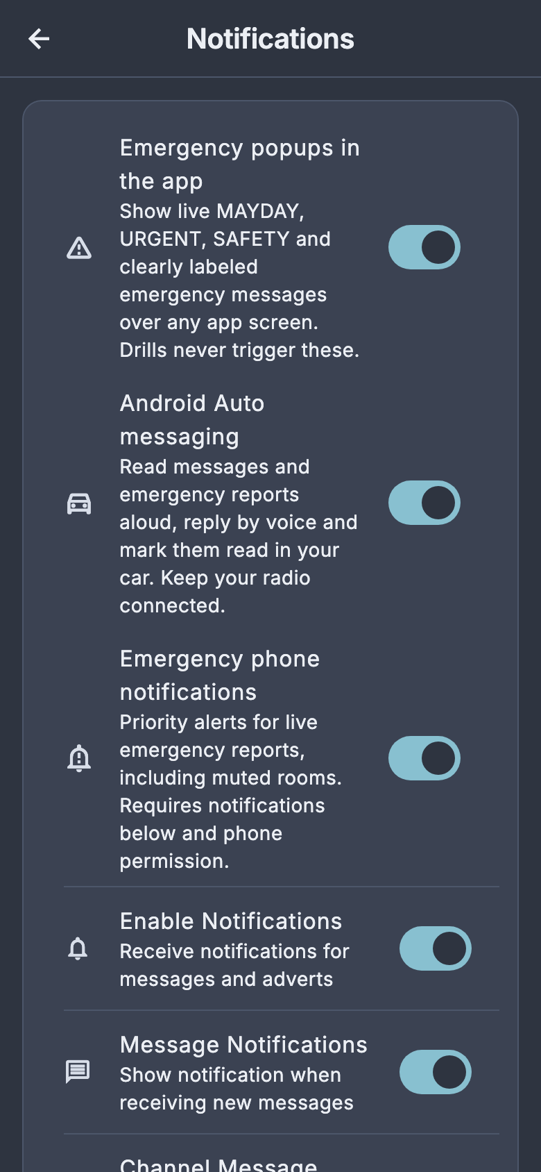PhryktorCore notification settings include Android Auto messaging with read-aloud, voice reply and mark-as-read support.