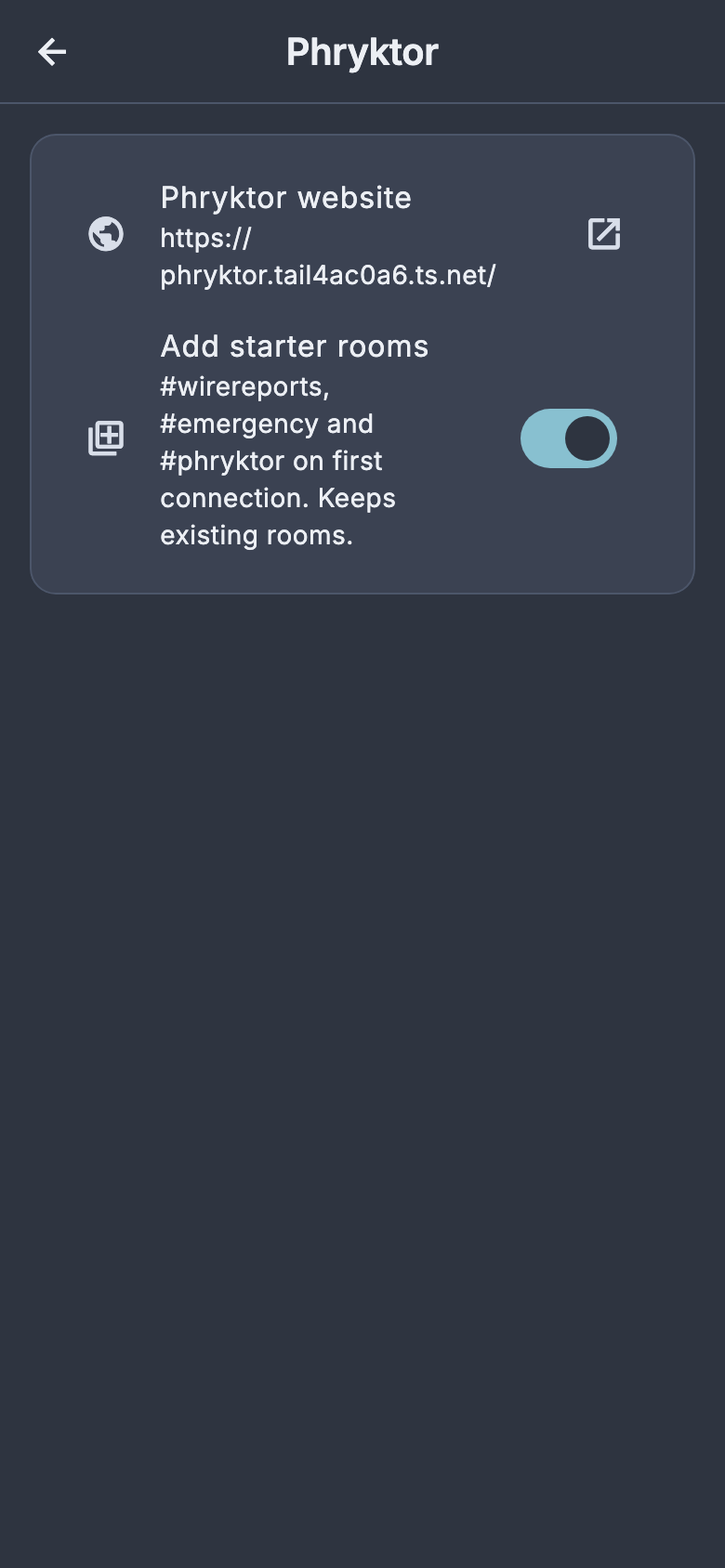 Phryktor app settings display its website and Add starter rooms switch.